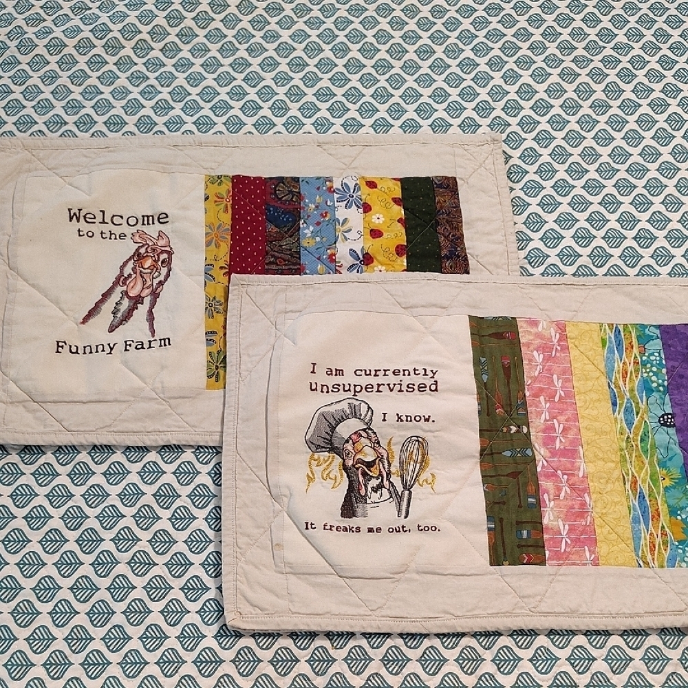 Handmade Quilted Hand Stitched Placemats Kitchen Chickens Funny Farm Funny